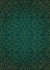 Hand-drawn abstract gold ornament on a dark green cold background, with vignette of darker background color and splatters of golden glitter. Paper texture. Digital artwork, A4. (pattern: p02-1e)