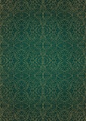 Hand-drawn abstract gold ornament on a dark green cold background, with vignette of darker background color and splatters of golden glitter. Paper texture. Digital artwork, A4. (pattern: p02-2e)