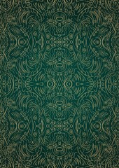 Hand-drawn unique abstract gold ornament on a dark green cold background, with vignette of darker background color and splatters of golden glitter. Paper texture. Digital artwork, A4. (pattern: p03d)