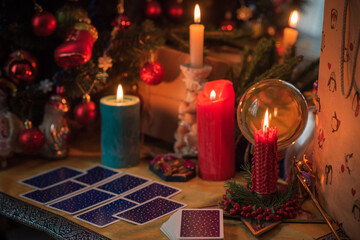 Rite on Christmas, wicca or pagan energy magic. Christmas eve prediction. Attracting love, money and luck into your life. Candle magic  