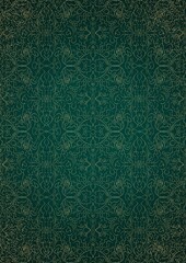 Hand-drawn abstract gold ornament on a dark green cold background, with vignette of darker background color and splatters of golden glitter. Paper texture. Digital artwork, A4. (pattern: p07-1e)