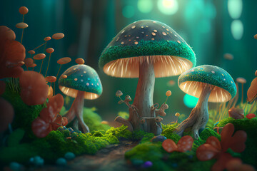 Fototapeta premium Magical green fairytale forest with mushrooms as dreamy background illustration. Digital illustration, 3D render