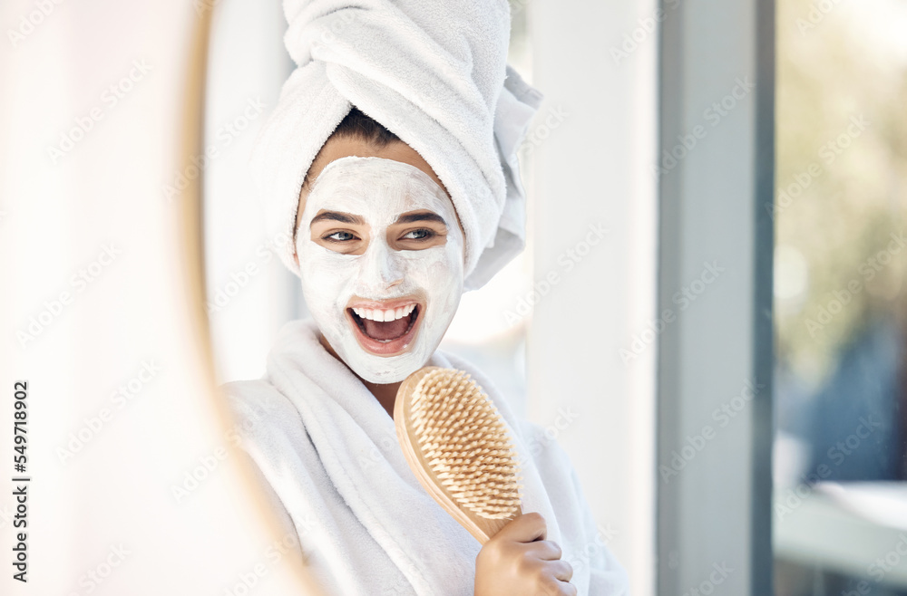 Poster Woman, face mask and mirror with a brush for singing, beauty and home spa treatment in bathroom with a towel and bathrobe. Face of happy female doing facial for self care and detox with cosmetics