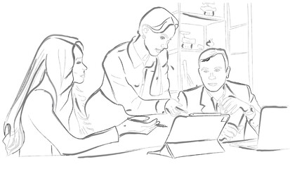 Woman boss working in the office with her team. Vector line art