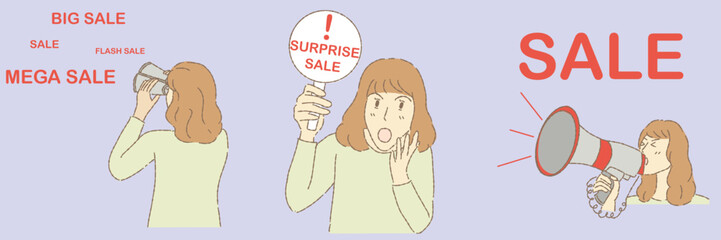 Woman holding binoculars look up for best discount, showing shocked face after seeing surprised sale,  using megaphone for sale announcement. Hand drawn flat cartoon character vector illustration.