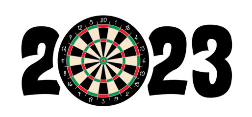 Best wishes, we wish you a happy new year 2023 wit dart board symbol. Dartboard icon. Game board and darts game. Sports equipment and arrows. Throw single, double or triple