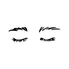 closed eyes with long eyelashes and thick eyebrows in doodle style - hand drawn vector drawing