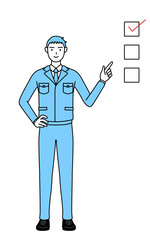 チェックリストを指さす作業着を着た男性のシンプルな線画