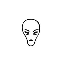 alien head with eyelashes and lipstick on lips - in doodle style - hand drawn vector drawing. the concept of a stereotypical image of a female humanoid alien