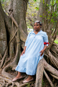 Haitian woman sitting in tree in traditional colors