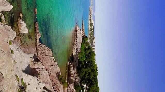 Beautiful landscape of rock formations on the La Pineda beach in Salou Spain.