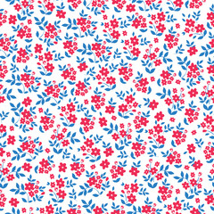 Cute floral pattern. Seamless vector texture. An elegant template for fashionable prints. Print with small red flowers and blue leaves. white background.