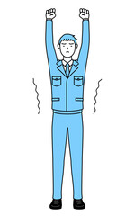 ストレッチで背伸びする作業着を着た男性のシンプルな線画