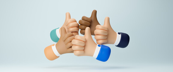 Thumbs up, team and success hand sign to show work community, Professional multicultural team demonstrates satisfaction and gives a positive response. teamwork and yes hands. 3d render illustration - obrazy, fototapety, plakaty