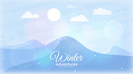 Vector illustration. Winter season landscape. Mountains with blue background. Blue sky with clouds and sun. Adventure time. Design for wallpaper, poster, banner.