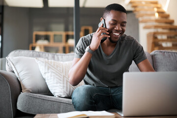 Phone call, laptop or black man with communication for networking, telemarketing or planning schedule in living room. Remote work or employee smartphone for contact us, consulting or SEO planning