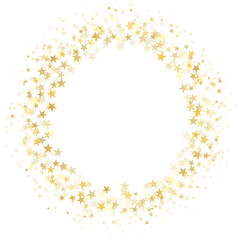 Gold stars round frame background. Christmas golden round frame, circle wreath, greeting card round pattern. Holidays backdrop. Vector illustration