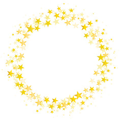 Gold stars round frame background. Christmas golden round frame, circle wreath, greeting card round pattern. Holidays backdrop. Vector illustration