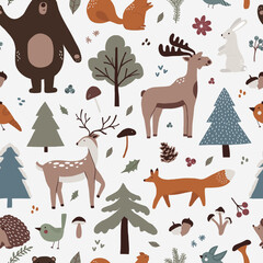Winter seamless pattern with cute forest animals bear, deer, moose, fox, bird, hedgehog, hare. Scandinavian woodland vector illustration in hand drawn flat style