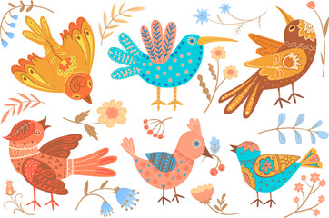Ethnic folk birds. Decorative bird with flower wing stylized in scandinavian culture, slovak embroidery patch leaves elements nordic ornamental animals set neat vector illustration
