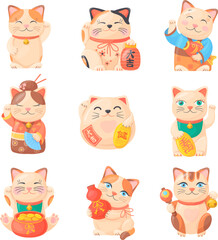 Lucky cats. Traditional japanese cat statuettes, maneki neko japan kitten, cartoon money or fortune chinese souvenirs, funny asian smile doll with coins, neat vector illustration