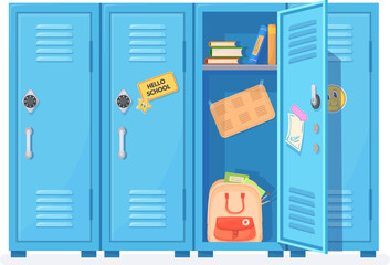 Open school lockers. Opened door locker inside highschool hallway, student closets for safety storage college contents books backpack, university cabinets neat vector illustration