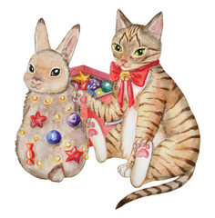Christmas watercolor illustration with a cat and rabbit. Cute Christmas hand-painted watercolor illustration with a cat that decorates a rabbit like a Christmas tree. New Year`s illustration.