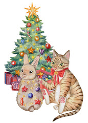 Christmas watercolor illustration with a cat and rabbit. Cute New Year`s hand-painted watercolor illustration with a cat that decorates a rabbit like a Christmas tree.