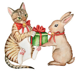 Christmas watercolor illustration with a cat, and a rabbit. Cute New Year`s hand-painted watercolor illustration with a rabbit that gives a gift to a cat.