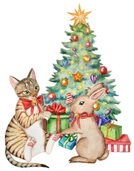 Christmas watercolor illustration with a cat, rabbit, and a Christmas tree. Cute New Year`s hand-painted watercolor illustration with a rabbit that gives a gift to a cat.
