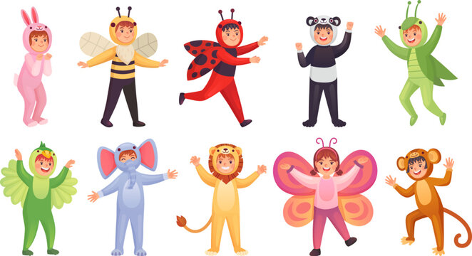 Animal cosplay. Child masquerade of animals characters, carnival costum kids dress party children wearing cute costumes disguise mascot in action pose ingenious vector illustration