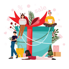 Winter illustration of huge gift box and people around it.