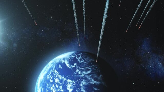 Many asteroids Heading planet earth, outer space view
Flaming burning Asteroids heading Earth, Global extinction threat Concept, outer space view, 2022
