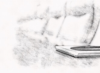 Closeup of notepad kept on table in empty room, pencil sketch drawing
