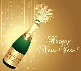 Happy new year ! Golden greeting card with champagne and party decorations. Vector illustration.
