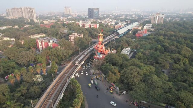 Aerial Shot of Delhi Metro at Hanuman Temple Karol Bagh New Delhi India 
