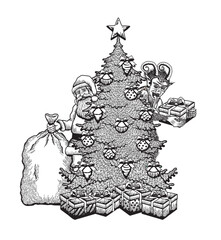 Vector illustration of Santa Claus and Krampus behind Christmas tree
