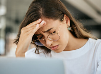 Stress, headache and office burnout of a business woman experience a computer glitch. Working employee with a 404, audit and online problem feeling anxiety and mental health issue at her office job