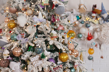 Christmas and New Year card with decorated fur tree with snow and coloured balls