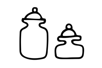 Doodle jars for spices. Outline container with lid on white background. Hand-drawn cozy kitchen utensils, dishes for food, cooking. Cafe, organization of storage, cozy home symbol. Vector illustration