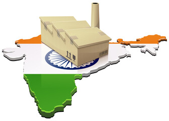 3D map of India in the colors of the Indian flag on which is placed a factory wrapped like a cardboard parcel indicating its location / relocation (cut out) - obrazy, fototapety, plakaty