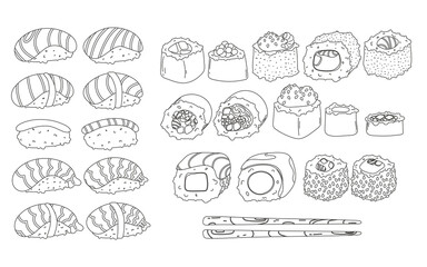 Sushi and rolls set in Doodle style. Japanese traditional cuisine dishes - nigiri, temaki, tamago, sashimi, uramaki, futomaki. vector drawing isolated on white background for asian restaurant menu.