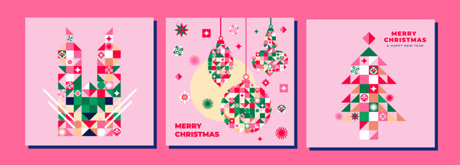 Merry Christmas and Happy New Year! Corporate, New Year template design with Christmas tree, bunny and balls on a pink background. Great for greetings, invitations and social media.