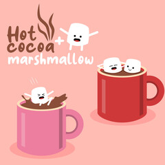 Hot cocoa mugs with cute marshmallow faces. Cartoon vector illustration.