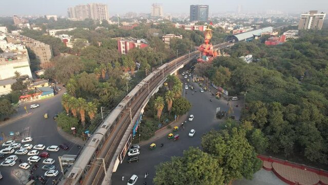 Aerial Drone Shot of Delhi Metro at Hanuman Temple Karol Bagh New Delhi India 