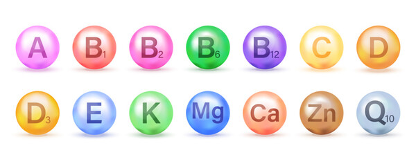 A set of colored icons of a multivitamin complex. Multivitamin supplement. Vitamin A, group B 1, B2, B6, B12, C, D, D3, E, K. An essential vitamin complex. The concept of a healthy life © Natali