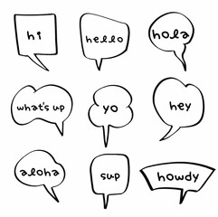 Set collection hand drawn doodle speech bubbles of hi, whats up, aloha, hello, yo, sup, hola, hey, howdy. balloon, message, dialogue. Vector design illustration icon © Blue