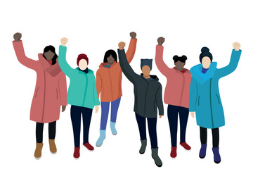 Fototapeta premium Girls with different skin colors in winter clothes stand with raised hands, flat vector, isolate on white, protest, faceless illustration, hunger riot