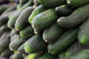 cucumbers on market counter in wicker basket