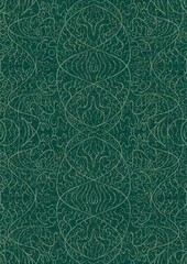 Hand-drawn unique abstract seamless ornament. Light green on a darker cold green background, with splatters of golden glitter. Paper texture. Digital artwork, A4. (pattern: p02-2d)